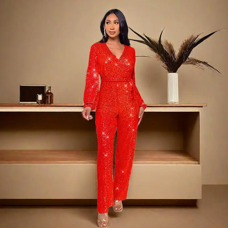 سروال Ele Long Sve متلألئ عميق على شكل حرف V للنساء بخصر عالٍ وحزام دكتور سلي للشتاء