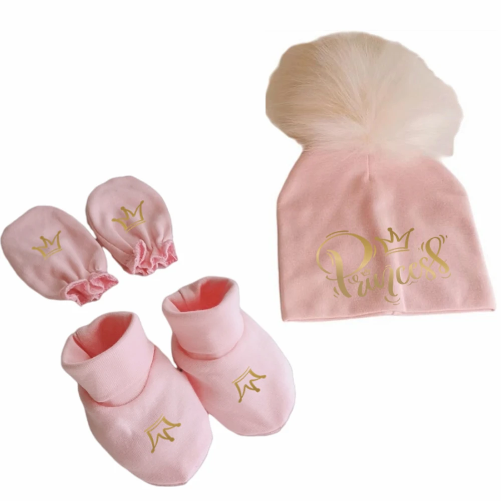 newborn baby hat gloves foot covers set photography props cotton beanie with detachable pompom hat beanie bonnet princess prince