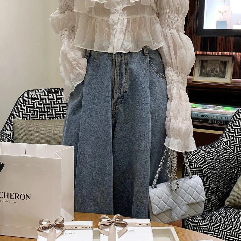Damskie długie spodnie w stylu vintage na wiosnę, z wysokim stanem, szerokimi nogawkami, eleganckim plisowaniem na jeden guzik, luźnym krojem, uniwersalne, w ciemnym kolorze.