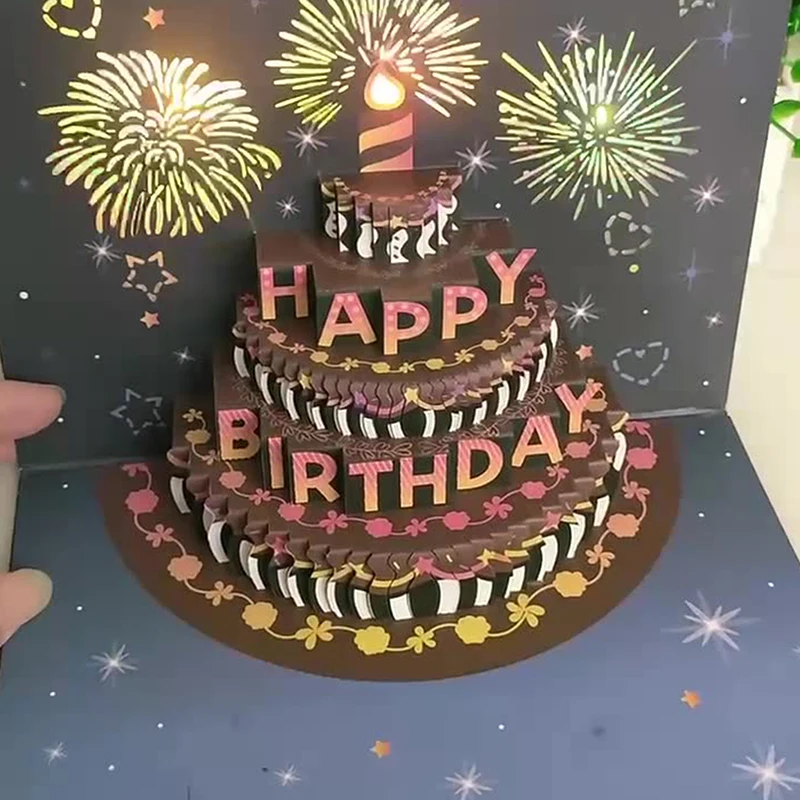 Novo 3d pop up cartão de aniversário com luzes música feliz aniversário cartão de fogos de artifício bolo cartão presente para esposa mãe crianças