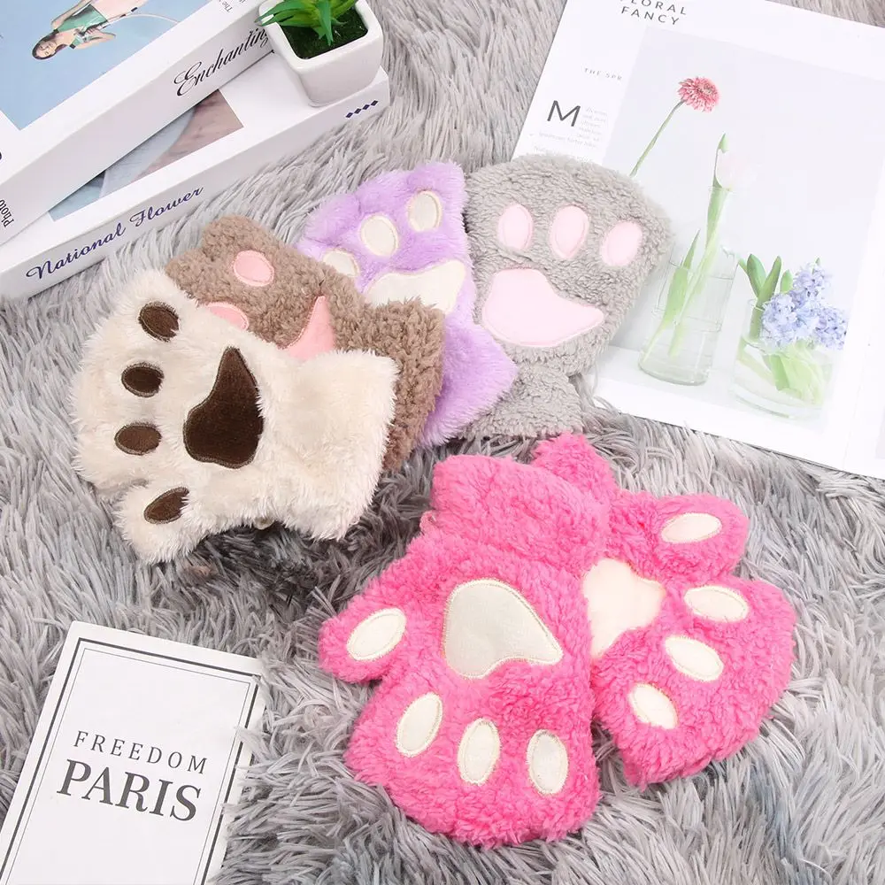 Cute Children\'s Winter Gloves Fashion Plush Warm Mittens Cat\'s Paw Short Fingerless Gloves Fluffy Half Finger Gloves For Girls