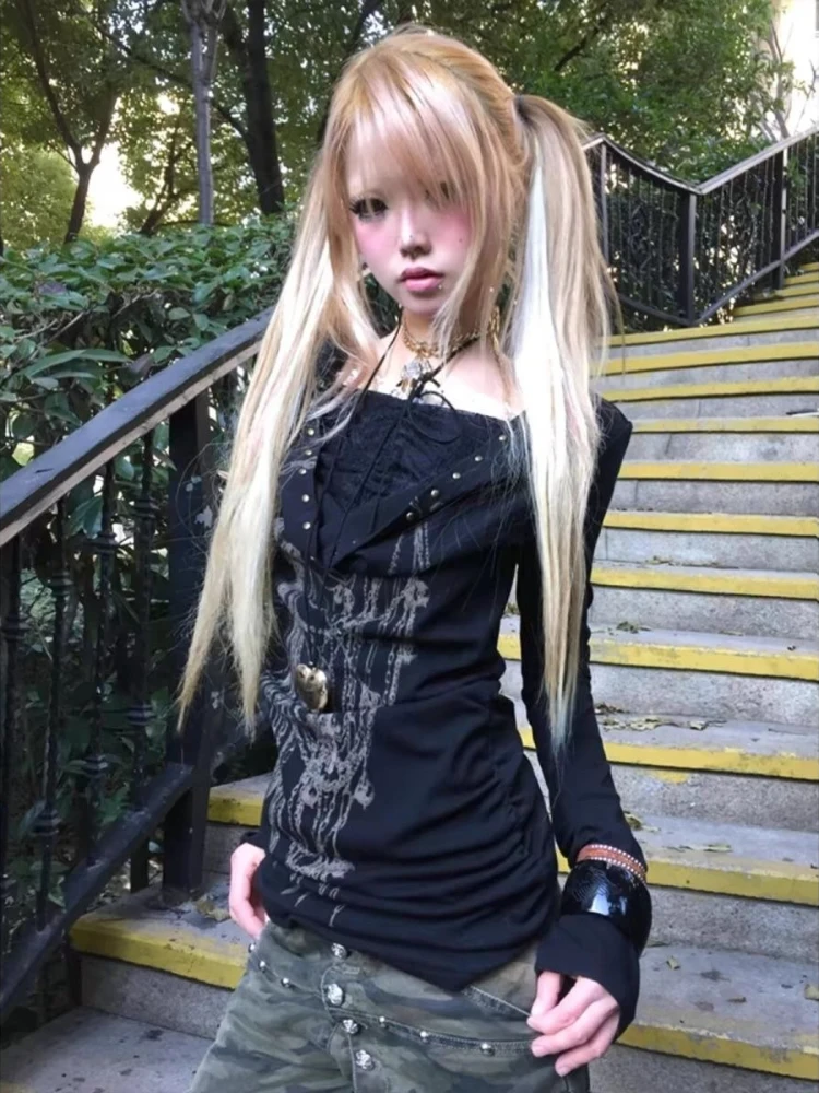 

Deeptown Y2k Black Graphic T-Shirts Women Harajuku Vintage Gothic Lace Long Sleeve Fake Two Piece Tees Slim Grunge Streetwear