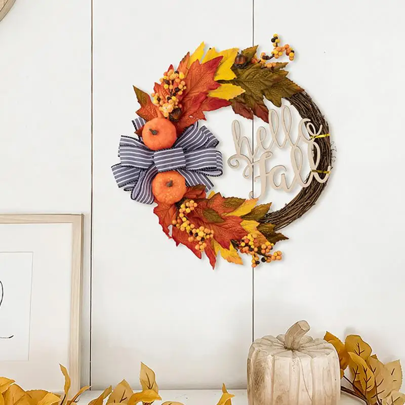 Halloween Door Wreath Outdoor Autumn Wreath Porch Sign Farmhouse Decoration Simulation Pumpkin Wreath Maple Leaves Berries