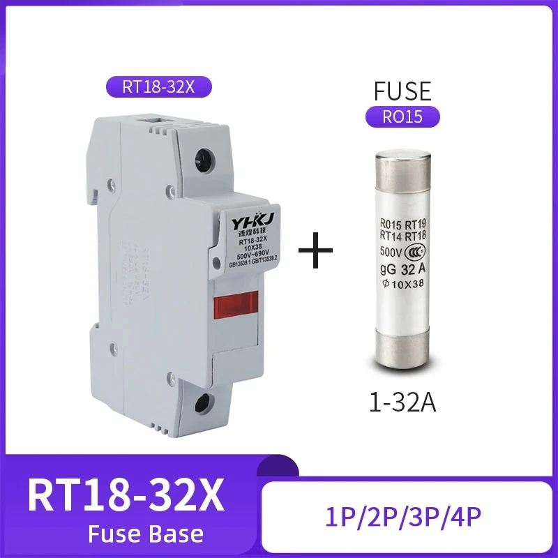 RT18-32X 1P 2P 3P 4P AC Fuse Holder DIN Rail Mounting Fuse Holder Bottom Adapter AC 380V-500V with RO15 10x38mm Ceramic Fuse