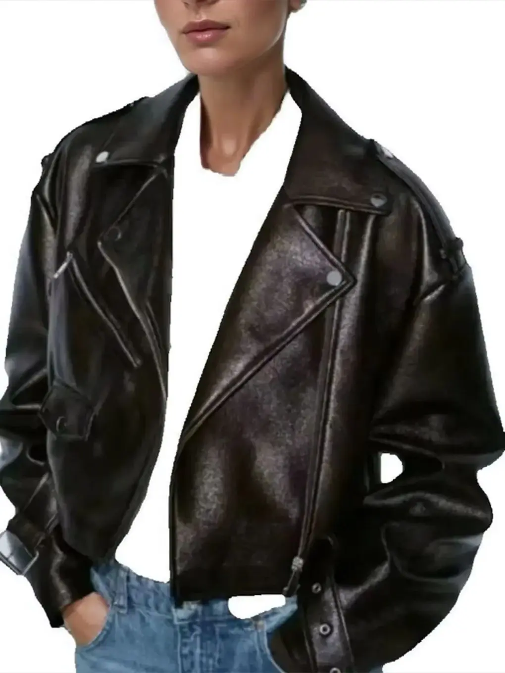2025 Damskie Retro Vintage Coffee Faux Leather PU Krótkie Kurtki Szarfy Kobiece Moto Biker Kieszeń Luźny Krój High Street Płaszcze Topy