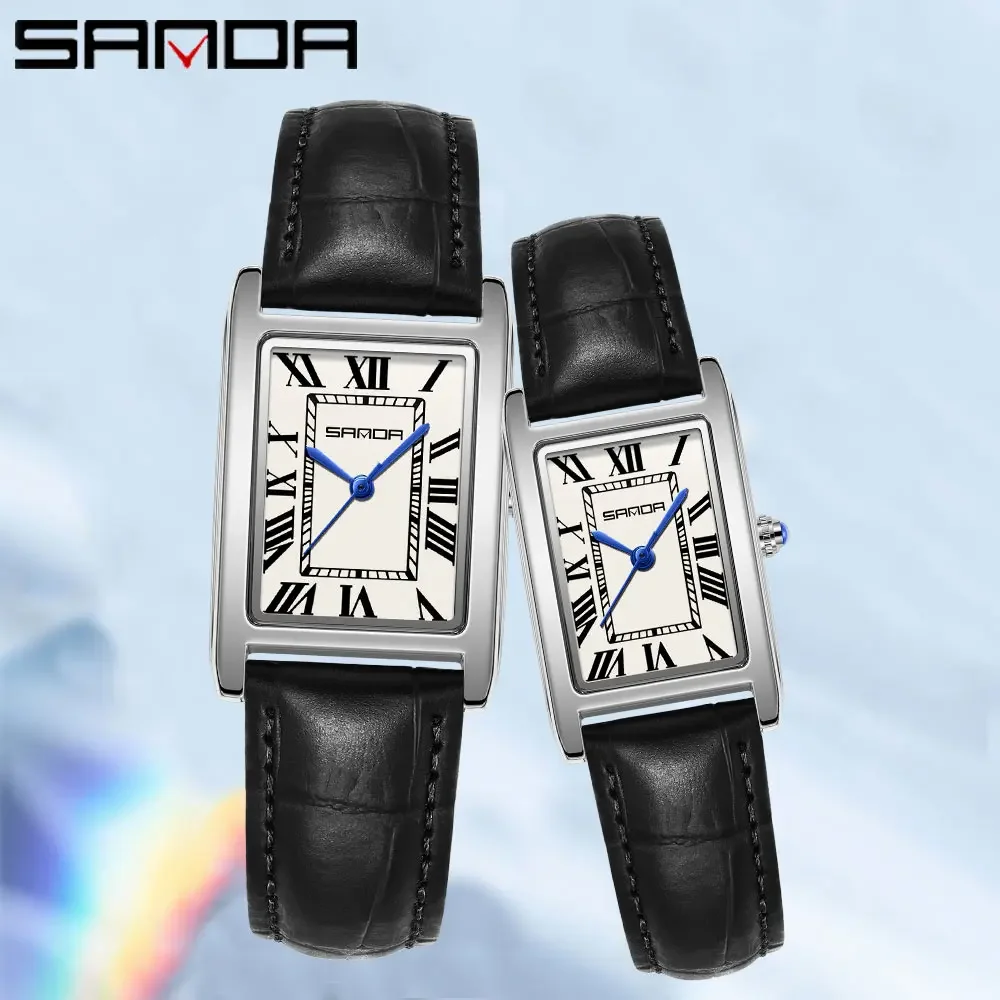 SANDA Luxury Tank Couple Watches Wear Resistant Leather Strap Square Dial 30M Waterproof Sports Casual Women Men Quartz Watches