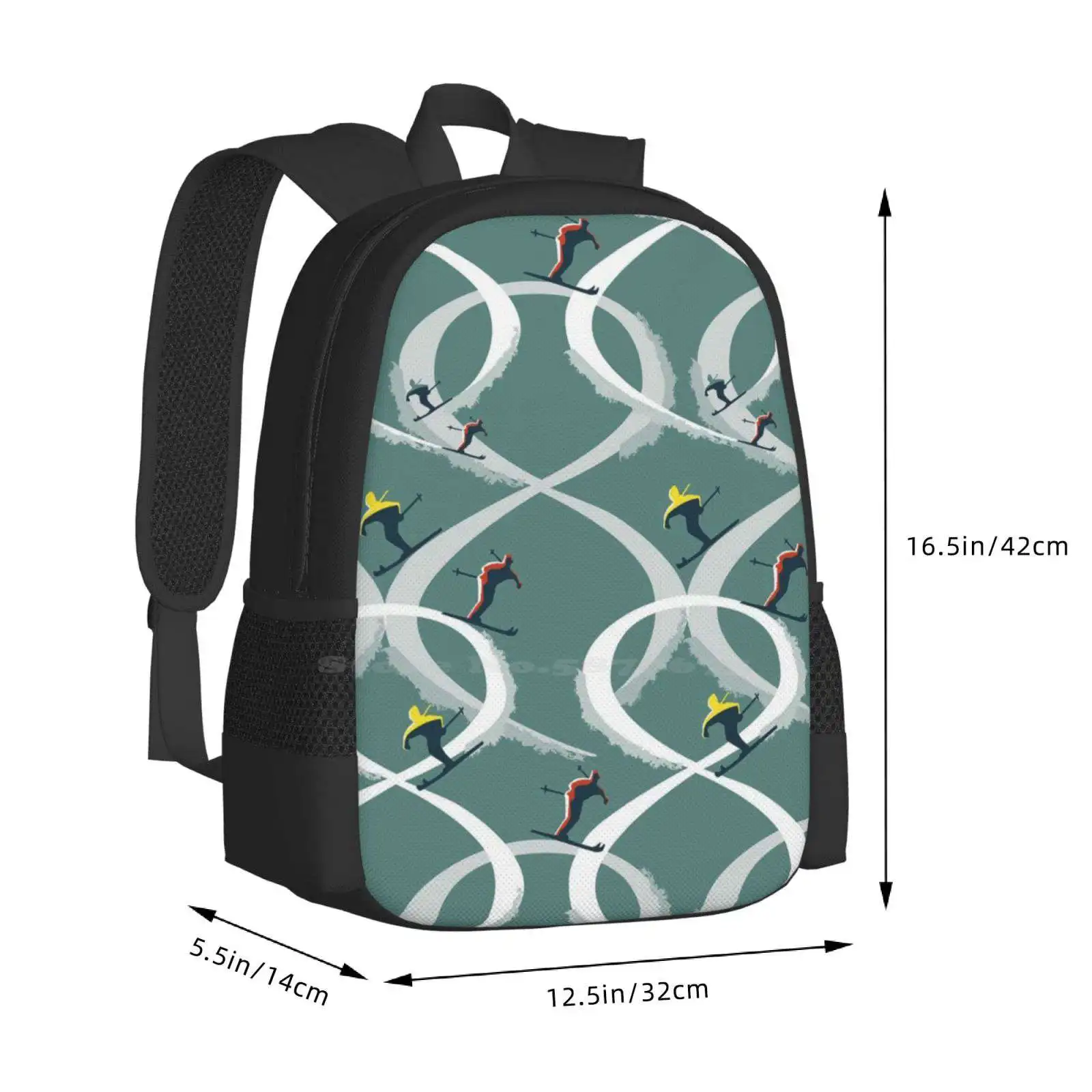 Mid Century Figure 8 Skiers In Retro Style On Teal Pattern Design Bagpack School Bags Skis Skiing Skiers Mid Century Design Mid