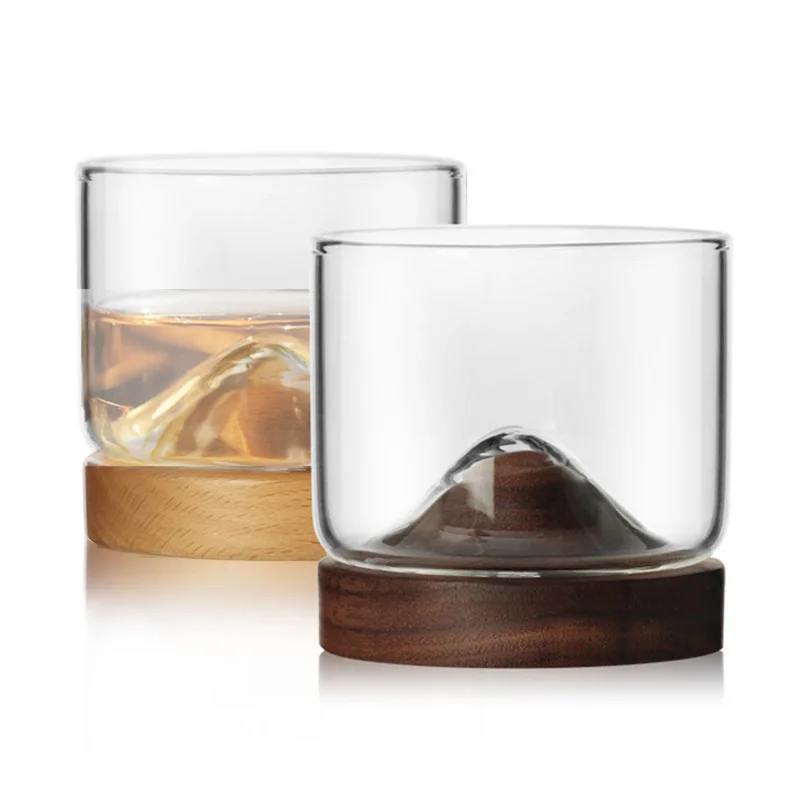 

2 Pcs Mountain Whisky Glasses With Wood Base Japanese Vintage Glassware Wine Tumbler Wooden Coaster XO Whiskey Cup Dropshipping