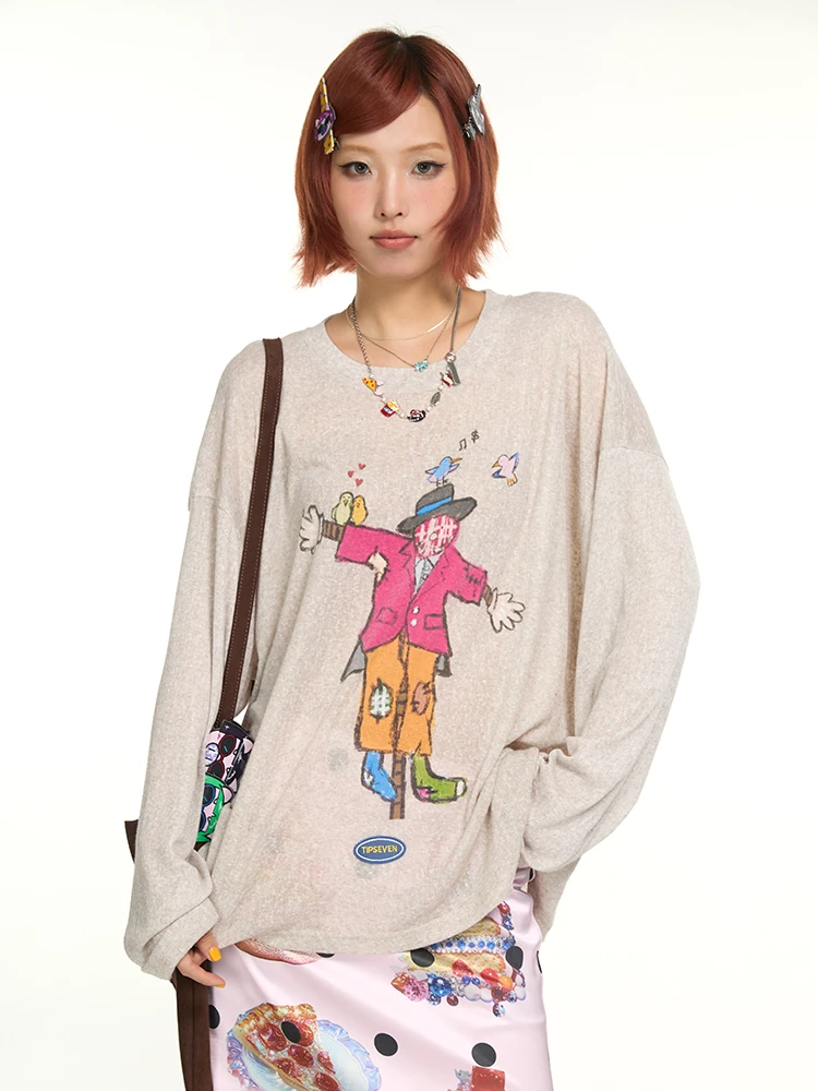 

TIPSEVEN Original Design Loose Long Sve round Ne T-irt Women's Top Early Autumn New Sle Lazy St Man Print Casual ...