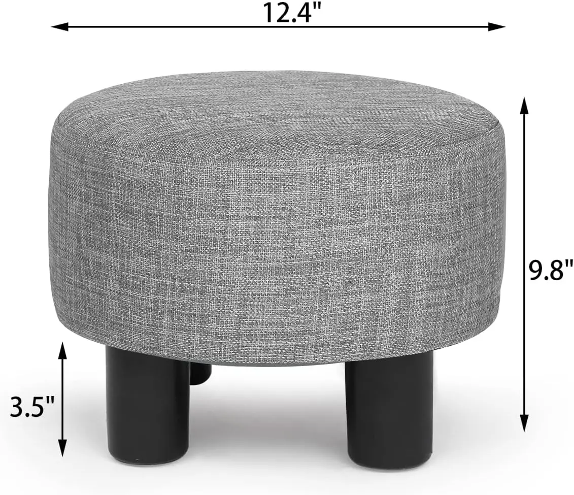 Small Foot Rest Stool Ottoman, Linen Round Short Low Foostool for Chair, Under Office Desk, Living Room