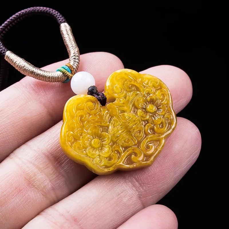 Natural Grade A for Men and Women, Flowers Blooming, Fortune Abundant Pendant, Burnt Yellow Jadeite, W
