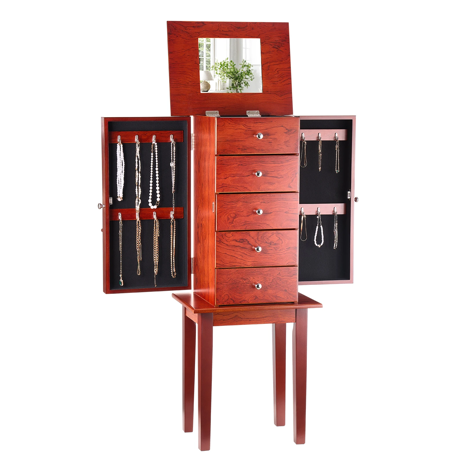 Armoire à bijoux SucceBuy, armoire de rangement en bois sur pied avec 3/4 tiroirs spacieux, miroir rabattable, 4 compartiments de rangement supérieurs