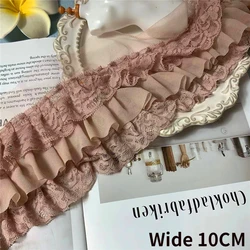 10CM Wide Three Layers Rouge Pink Chiffon Pleated Lace Fabric Fringe Ribbon Needlework Ruffle Trim Dress Cloth DIY Sewing Decor