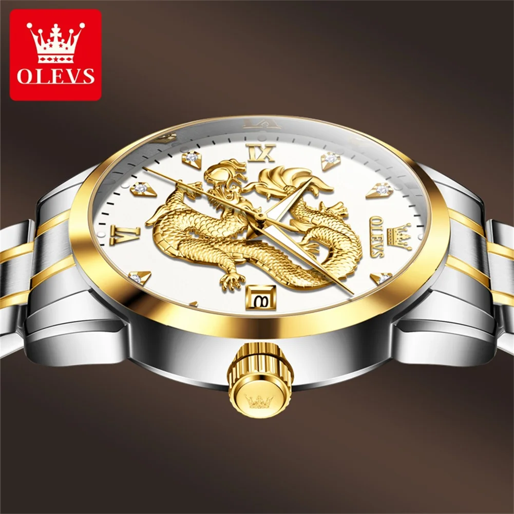 OLEVS-reloj de cuarzo con correa de acero inoxidable para hombre, cronógrafo de lujo, resistente al agua, con diseño de dragón, Original, novedad