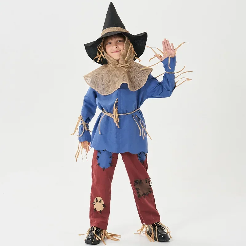 New 2025 Halloween Unisex Child Kids Puppet Scarecrow Costume for Boys Girls Blue Top Pants Set FantasiaX160