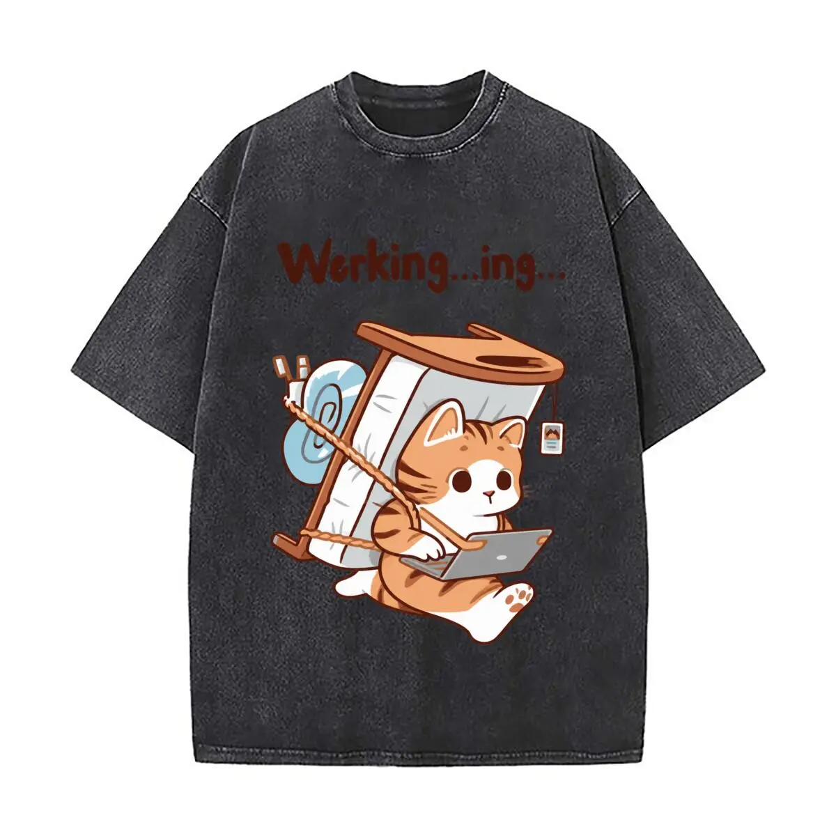 Working Ing Cat Working On Laptop In Hammock Washed Short Sleeve Loose Streetwear Tee Hip Hop