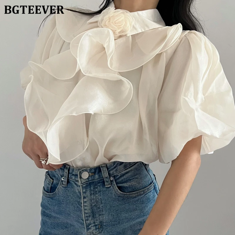 

BGTEEVER Summer Elgant Lapel Women Ruffles Single-breasted Shirts Tops Vintage Loose Puff Sleeve Ladies Solid Blouses