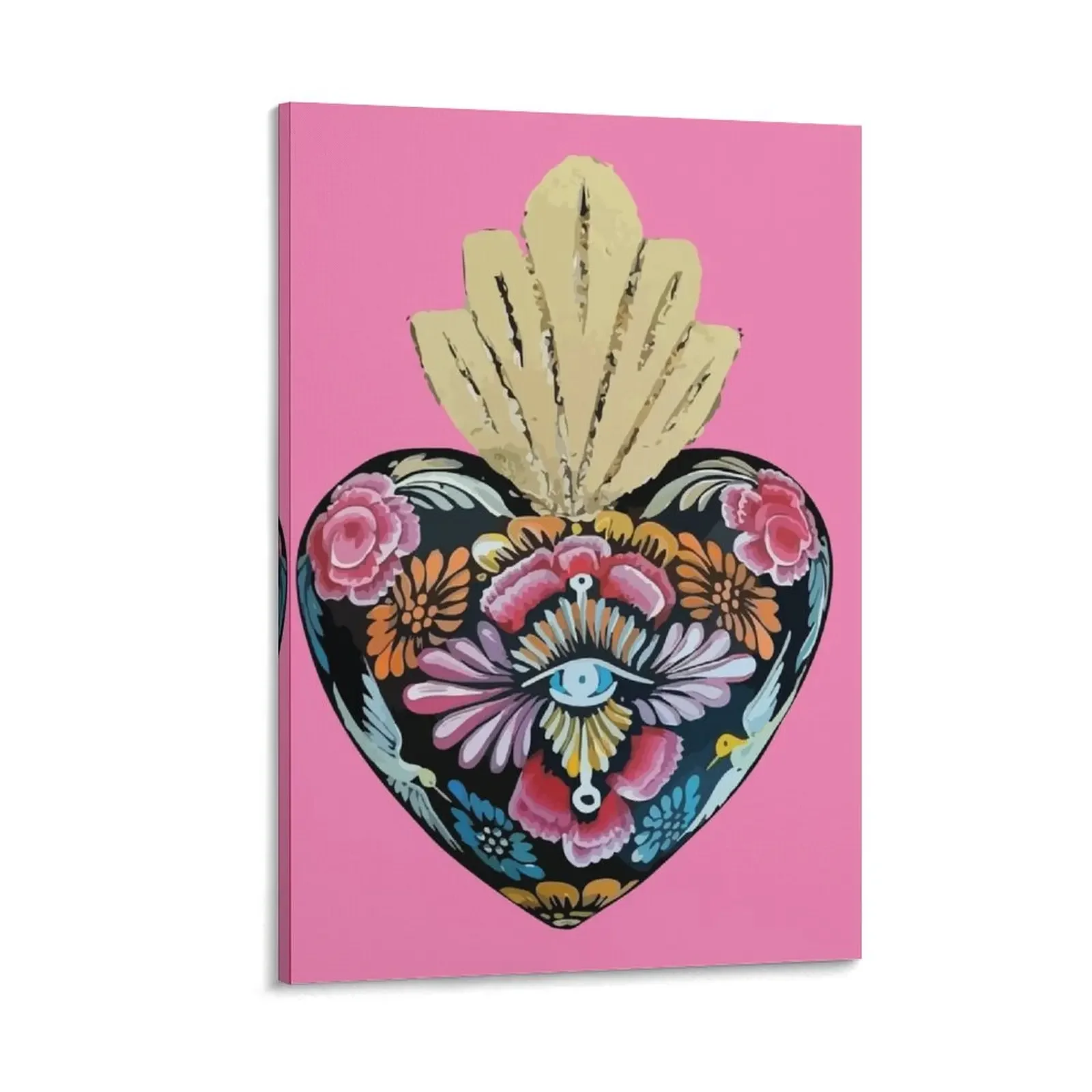

Mexican wooden heart Oaxacan wood carving hand painted flower evil eye milagrito folk art interior design pastel Canvas Painting