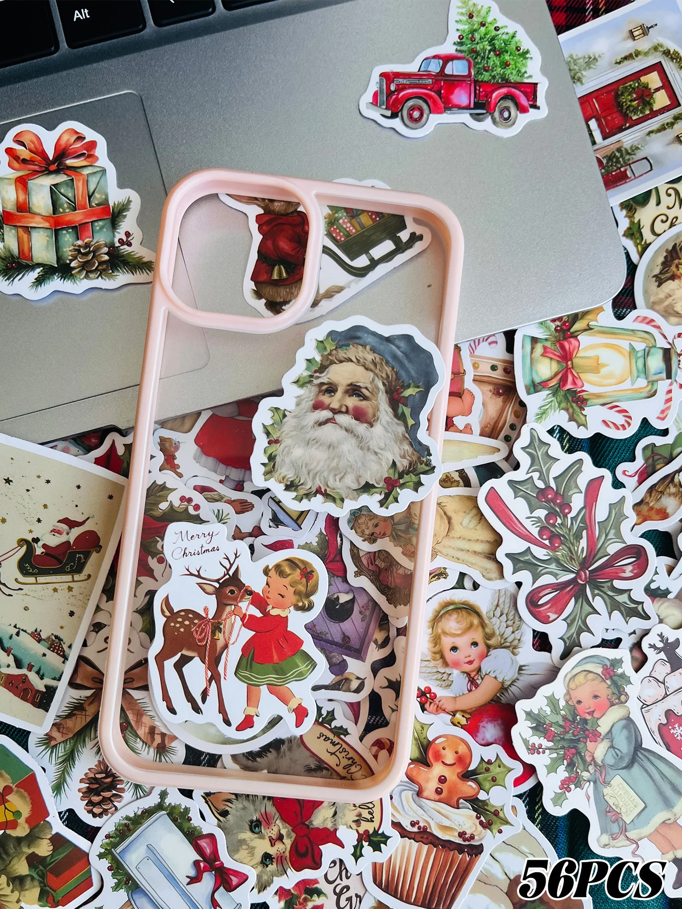 56-Piece Retro Christmas Sticker Set: Santa Claus Decorations for Suitcases, Laptops, Planners, Scrapbooks, Gift Boxes, and Mugs