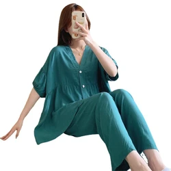 Damen lässig Kurzarm Hosen Pyjama Set Frühling Sommer dünn lose große Damen Home Kleidung zweiteiligen Nachtwäsche Anzug