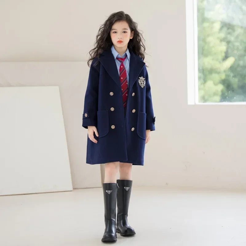 Teens Girls Winter Jacket Preppy Style Navy Mid-length Wool Coat for Kids Thick Warm Casual All-match School Children Outerwear