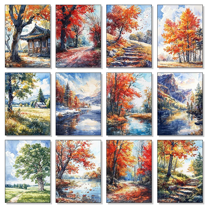 Chinese Four Seasons Landscape Mountain Lake Sunset Bosom Ancient Tree Canvas Printing Mural Painting Studio Home Art Decorat