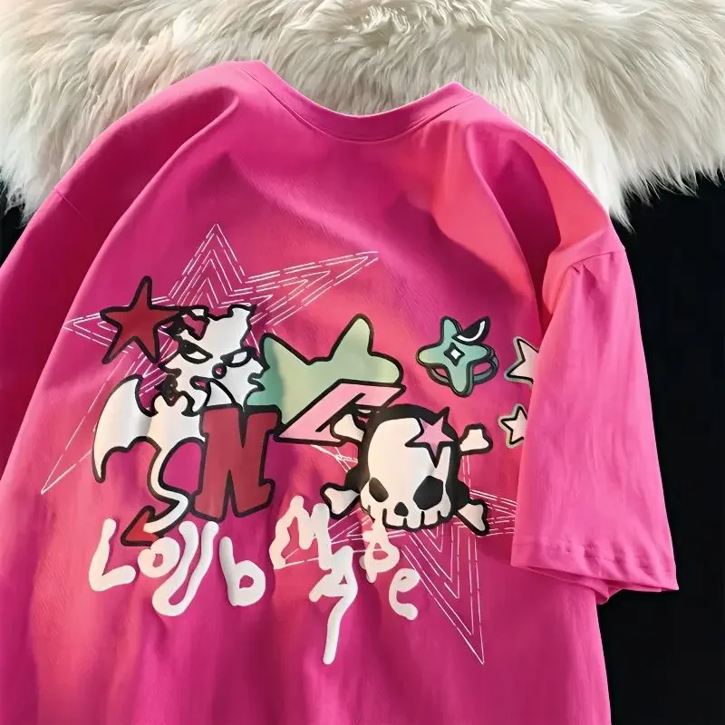 

Heavyweight cotton American Fashion Skull Print Short Sleeve oversized T shirt Women and men Summer Loose Lazy vintage Y2K Tops
