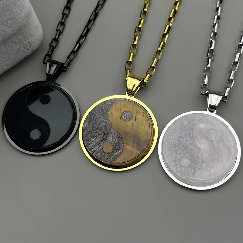 

Tiger Eye Stones Yin Yang Pendant Necklace for Men Women Stainless Steel Gold Color Chinese Taoism Ba Gua Taichi Sign Jewelry
