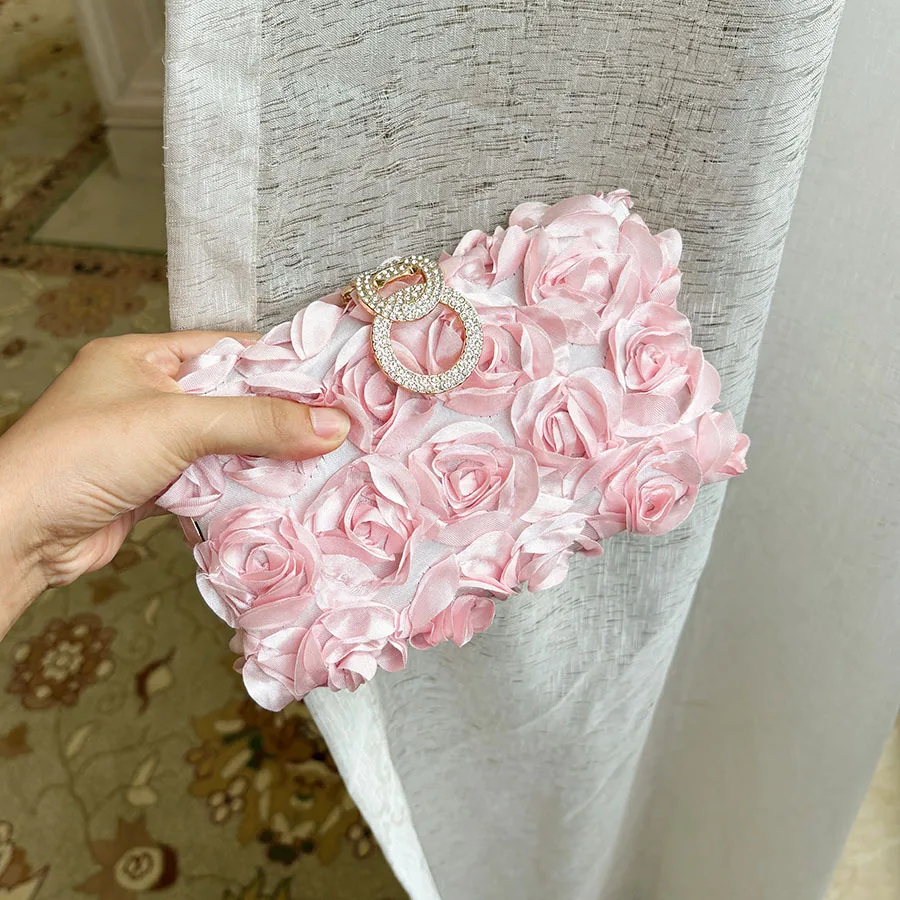 Gentle three-dimensional satin rose square box clutch bag with diamond ring lock romantic sweet wedding dress dinner bag