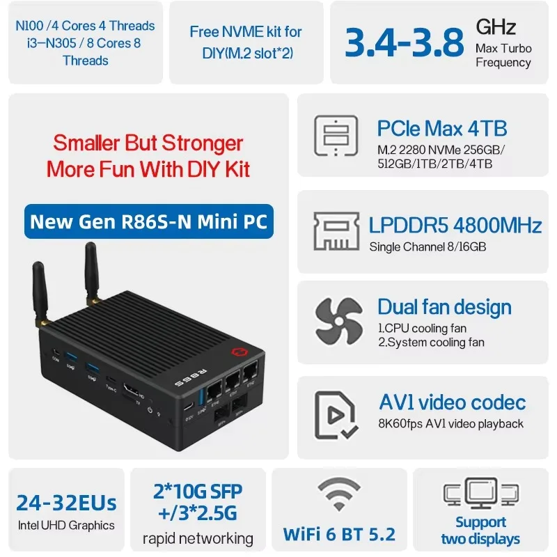 Gowin R86S-N100A Router firewall Mini PC tutto in uno con IntelN100/N305 16 GB 32 GB Ram 2 * 10G SFP + 3 * 2,5 GbE Apparecchio Pfsense