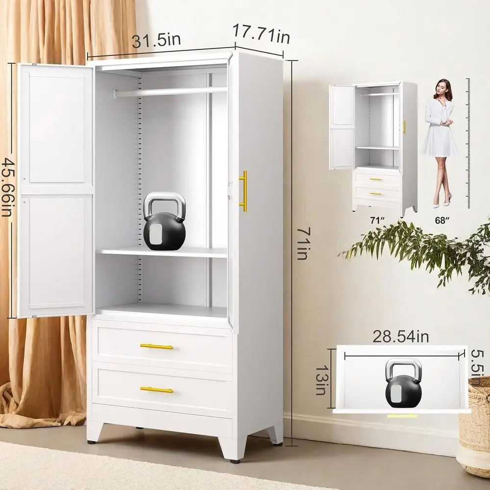 Metal Wardrobe Cabinet with Hanging Rod, Clothing Storage Cabinet with 2 Doors, 1 Adjustable Shelf and 2 Drawers, 71 Steel Armoi