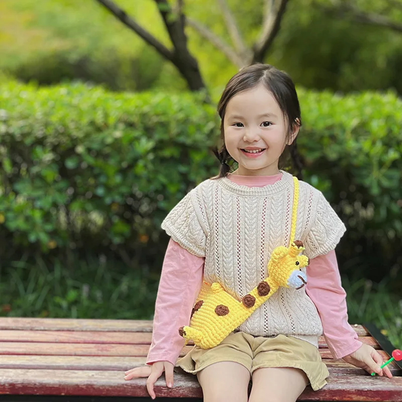 Bolso de lana tejido a mano para niños y mujeres, bolsa cruzada con dibujos de jirafa bonita, ideal para madres y niñas