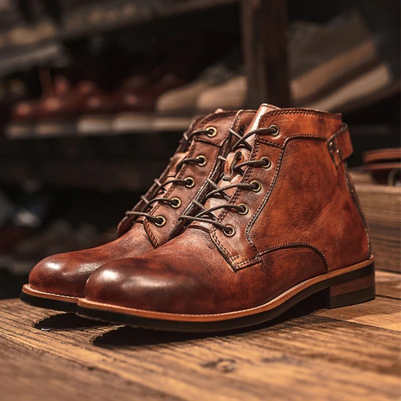 Botas de cuero hechas a mano para hombre, botines Retro de punta redonda, de lujo, estilo callejero Punk, para motocicleta
