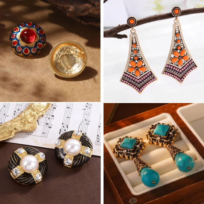 

Bohemian Long Dangle Earrings for Women Vintage Gold Tone Orange Pink Gem Drop Stud Earrings