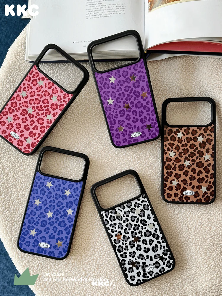 Rosa-blau-weißes Leopardenmuster Sterne INS Korea Edge Epoxy Anti-Drop Handyhülle für iPhone XR/11/12/13/14/15/16/17 ProMax Hülle