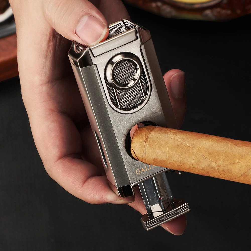 GALINER Metal Cigar Lighter With Cigar V Cutter Portable 2 IN 1 Luxury Butane Gas 3 Torch Lighter Cigar Cutter Smoking Tool