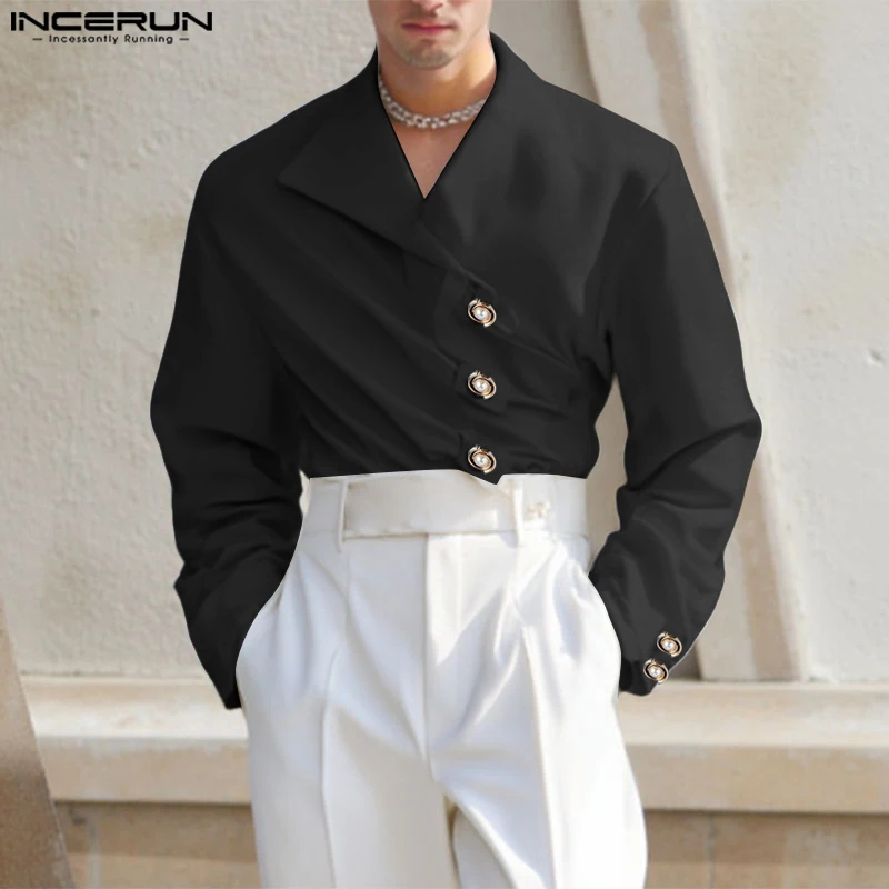 INCERUN Men Irregular Shirt V Neck Long Sleeve Solid Color Men Clothing Loose Pleated Streetwear 2025 Casual Irregular Shirts