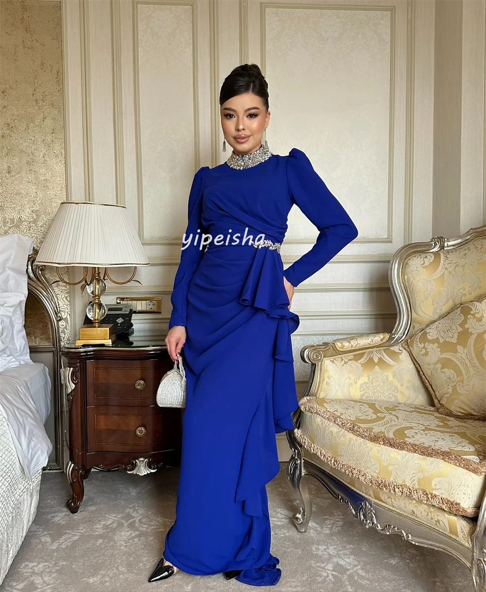 Customized Matching Modern Style Jersey Rhinestone Pleat Draped Straight High Collar Long Dresses Bespoke Occasion Dresses Sexy