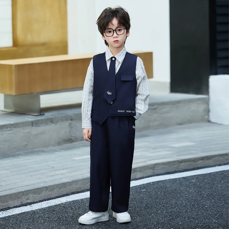 Children's Spring Autumn Suit Formal Wear British Style Gentleman Vest Set Flower Boy Performance Costume
