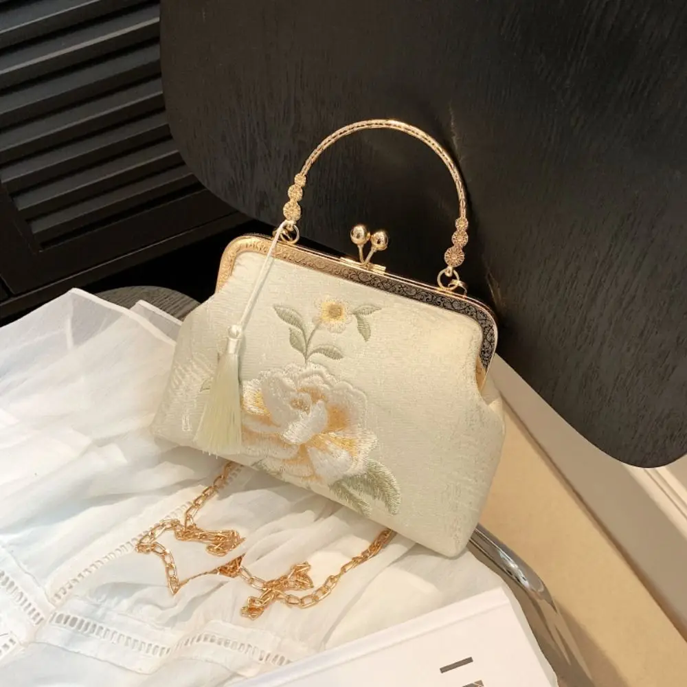 

High Quality Silk cloth Chinese Style Handbag White Elegant Tassel Shoulder Bag White Embroidered Peony