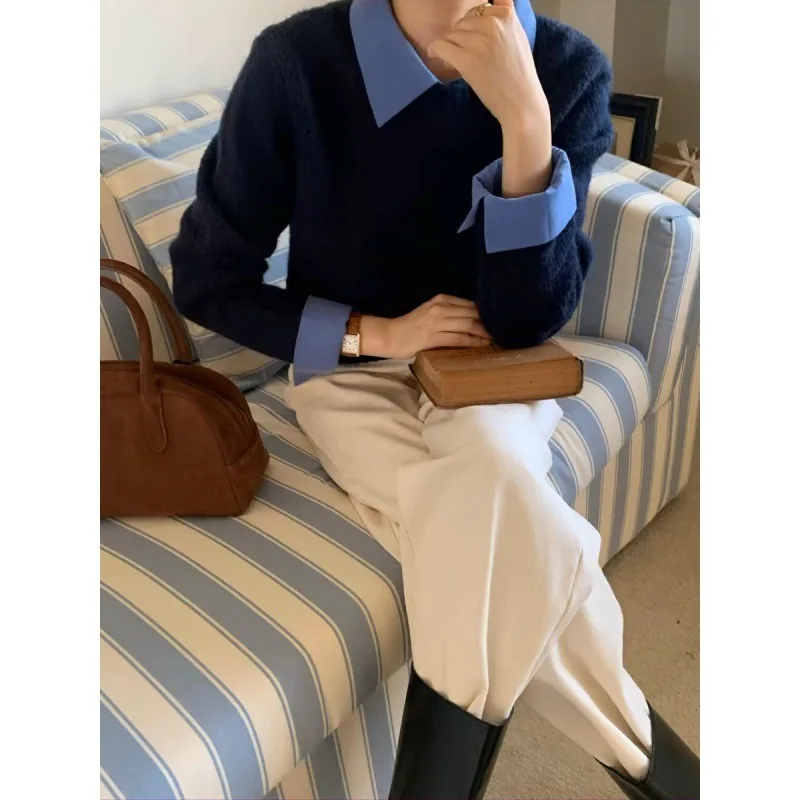 2024 جديد المرقعة قميص طوق متماسكة سترة الخريف والشتاء قاع قميص مزاجه وهمية قطعتين البلوز العلوي
