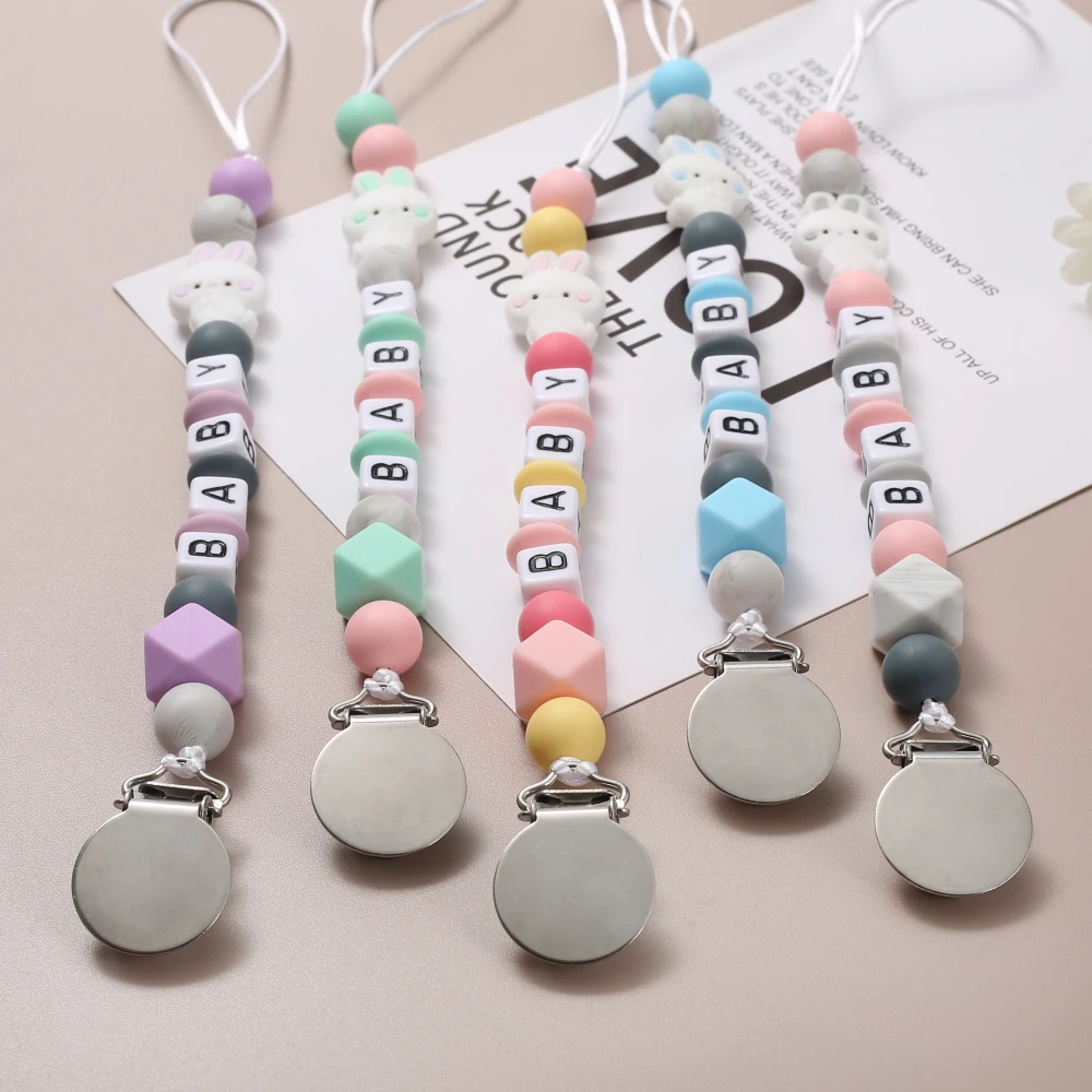 Baby Cartoon Bunny Pacifier Chain Clips Acrylic Personalized Name Nipple Holder Chain For Nursing Chewing Toys Shower Gifts