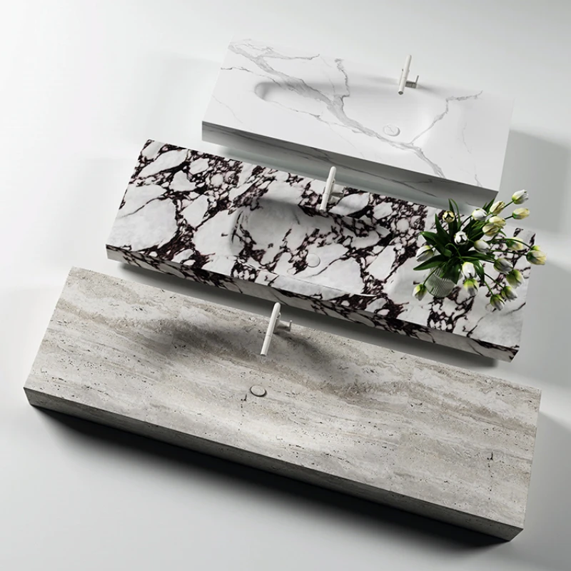 Travertine marble luxury stone rock slab hot bending hot pressing integrated basin hand washbasin washbasin under the counter