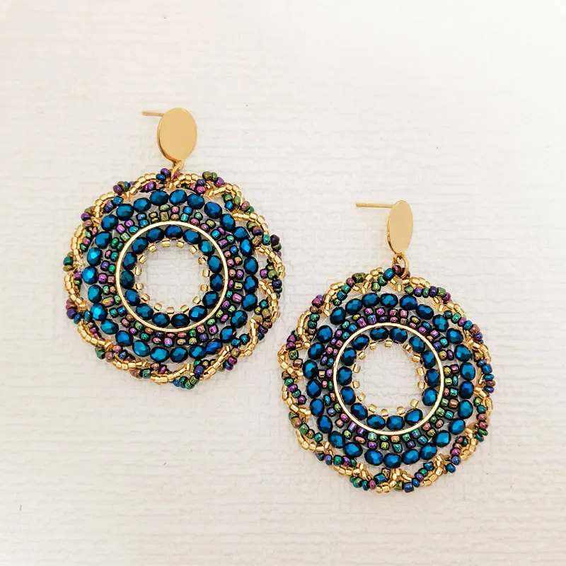 Beaded earrings Circle Spiral Originality Crystal Hand knitting Bohemia Alloy Fashion Simple Rice bead earrings