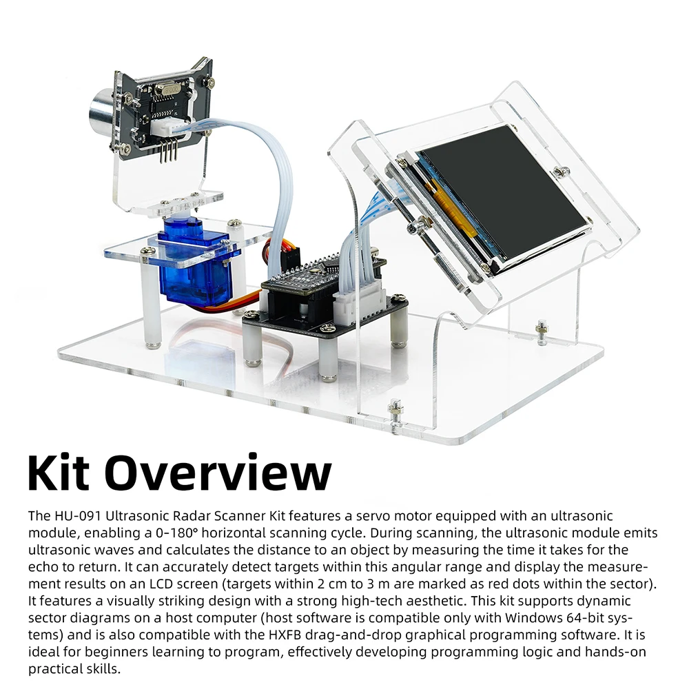 DC 5V Ultrasonic Radar Scanner DIY Kit HXFB Graphical Programming Core Board 0-180 Servo Scanning LCD Real-time Display
