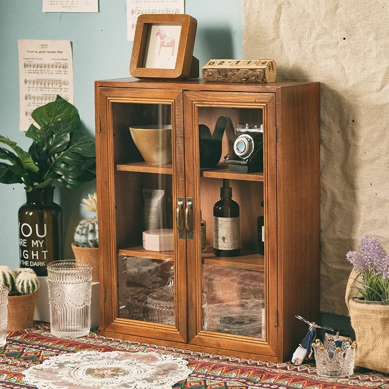 Retro Style Double Door Wooden Shelf Handmade Items Storage Cabinet Double Door Home Decoration Artisan Crafted Cupboard