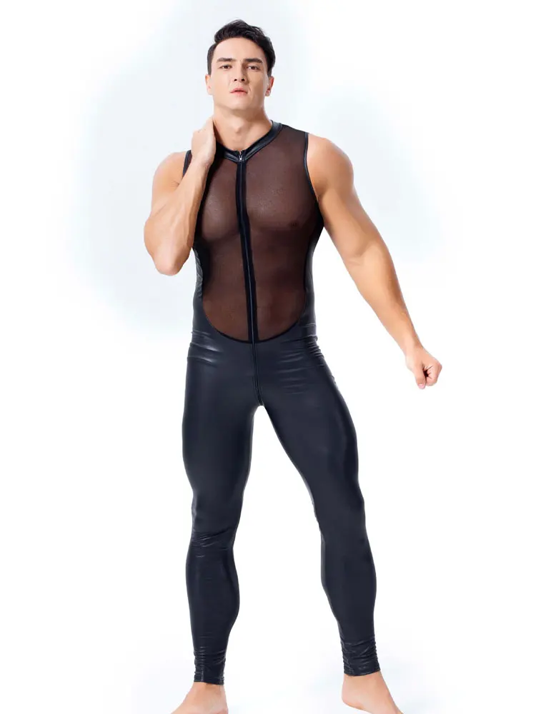 Disfraces de malla de retazos para hombre, Catsuit Sexy sin mangas, Zentai, trajes de Club nocturno, mono de escenario, ropa moldeadora