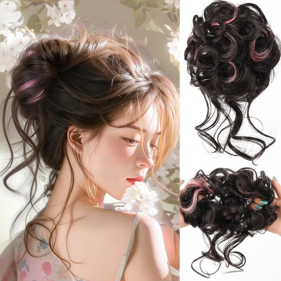 

New-Style Highlight Dyed Synthetic Wig Ties And Packs Of Fake Hair Low Bun Hair Ties For Women's Hair Extensions For Daily Party