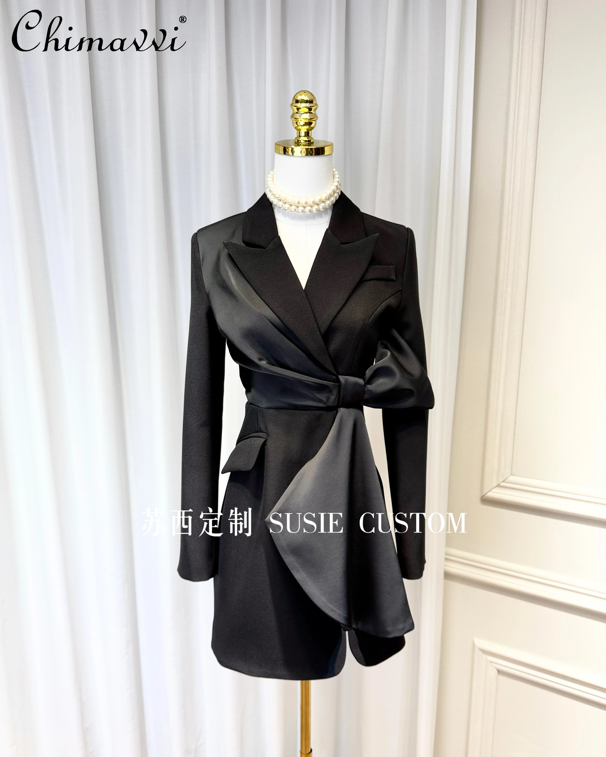 High-end Fashion Satin Bow Splicing V-neck Hollow Waist Ruffle Edge Dress Spring New Commuter Slim-fit Elegant Suit Dresses