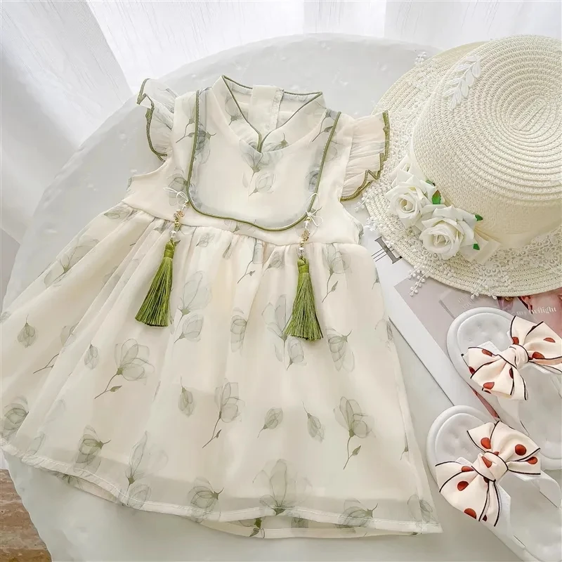 Children's Short Sleeve Dress Chinese Style Summer Dress New Girl Baby Retro Princess Dress Baby Qipao Dress